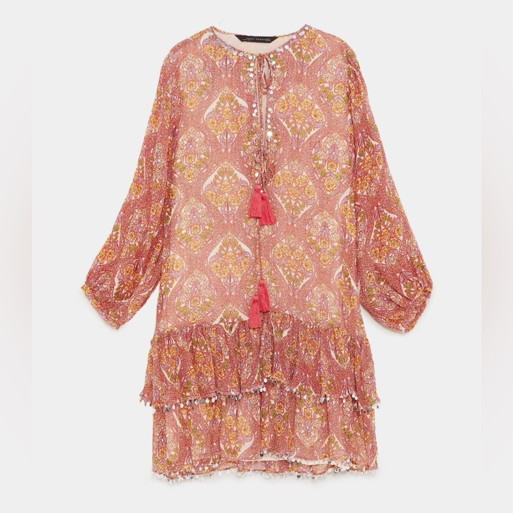 Zara long sleeve mini dress with sequin trim and v-neck tassels size small